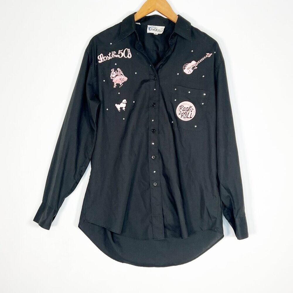 Las Olas Embroidered 50's Rock N' Roll Black Pink Button Down Shirt Womens M
